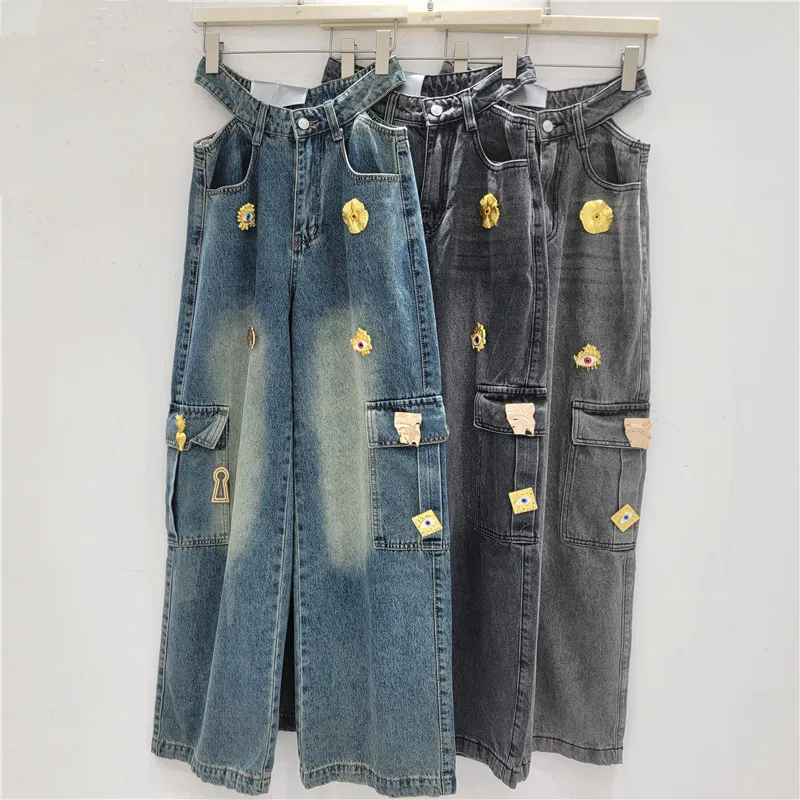 2026 Spring New Casual Jeans Y2K Street Style Metal Buckle Decorative Wide-leg Pants Women Sexy Hollow  Thin Versatile Trousers