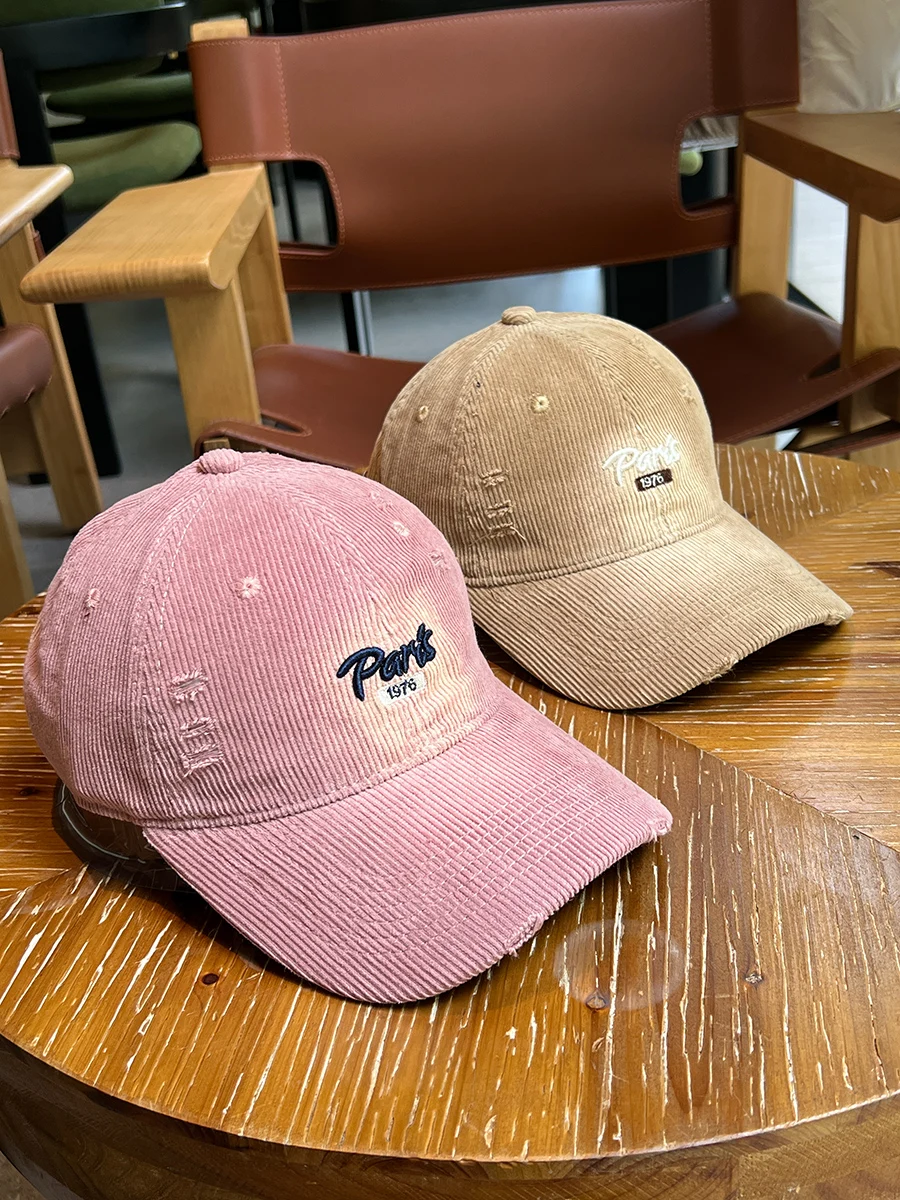 

Corduroy Embroidered Letter Baseball Cap for Men and Women Wide Brim Face Slimming Soft Top Duckbill Cap