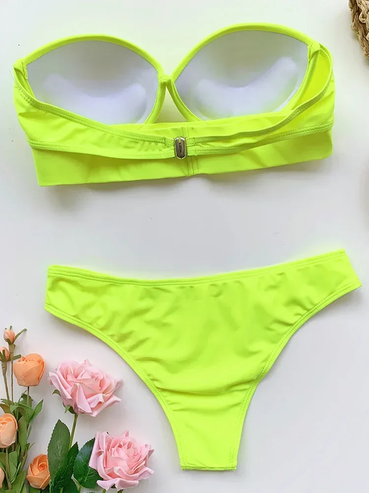 Sexy Neon Green Push Up Bra Cup Bikini Women Bandeau Swimsuit Female Swimwear Two Pieces Bikini Set Brazilian Bathing Suit Swim