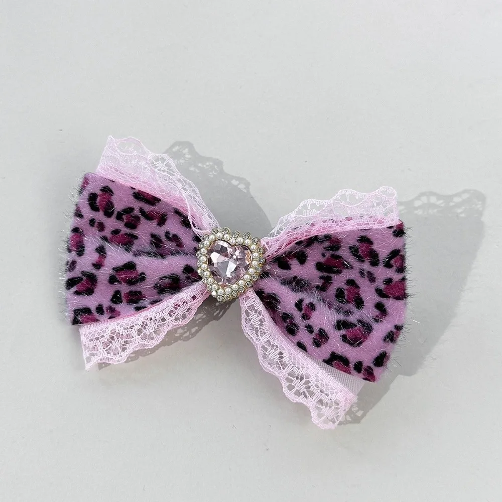 Leopard Lace Bow Hair Bands Pearl Chain Heart Pendant Hair Clips Handmade Subculture Hair Accessories