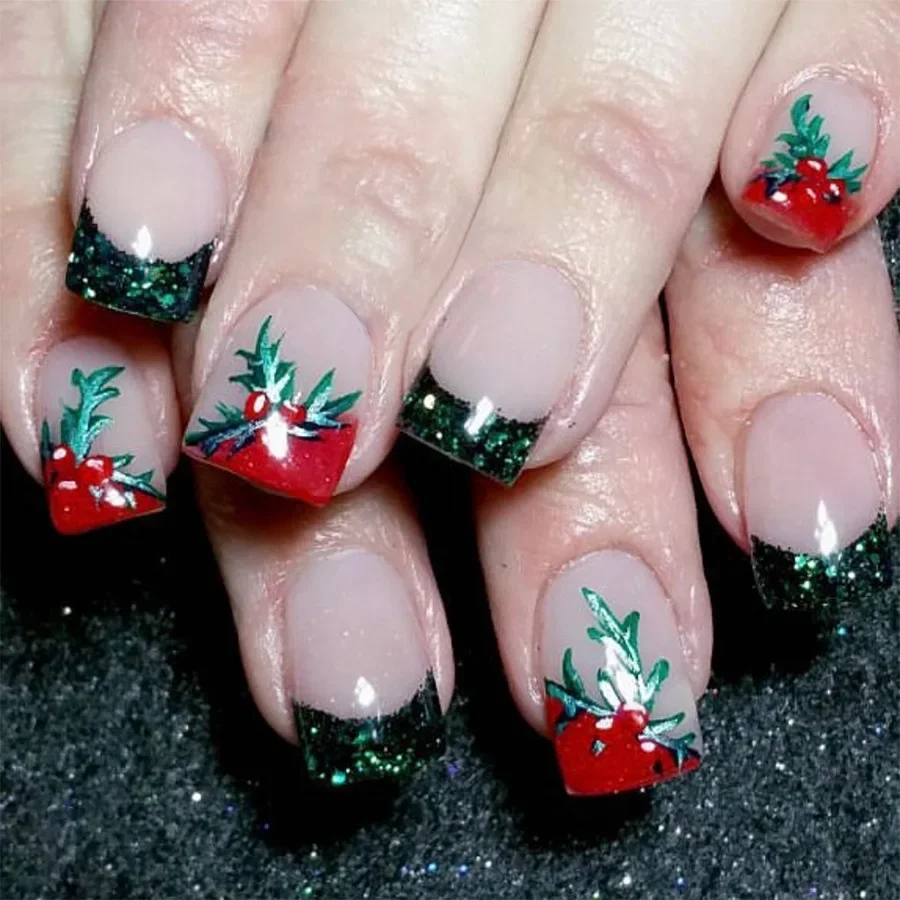 24Pcs Lovely Short Square Christmas Tree False Nail Art French Full Cover Acrylic Nails with Shimmery Powder Press on Nails Tips