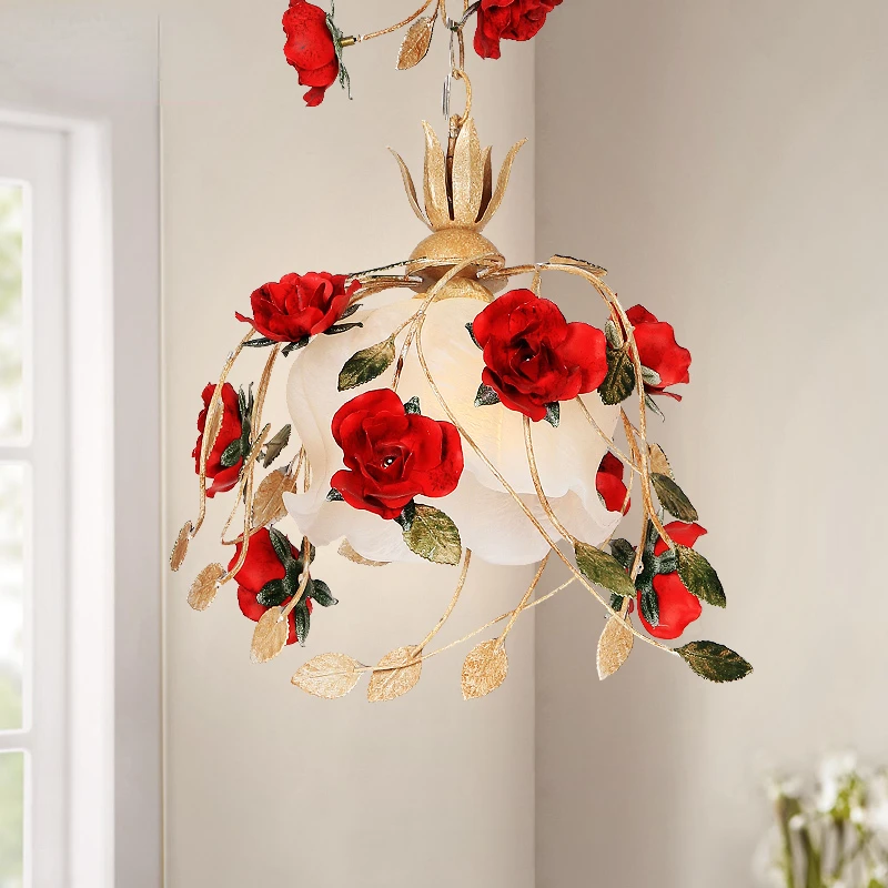 

Korean Style Pastoral Bedroom Chandelier Girl Princess Room Romantic Rose Single Head Aisle Chandelier Wedding Dining-Room Lamp