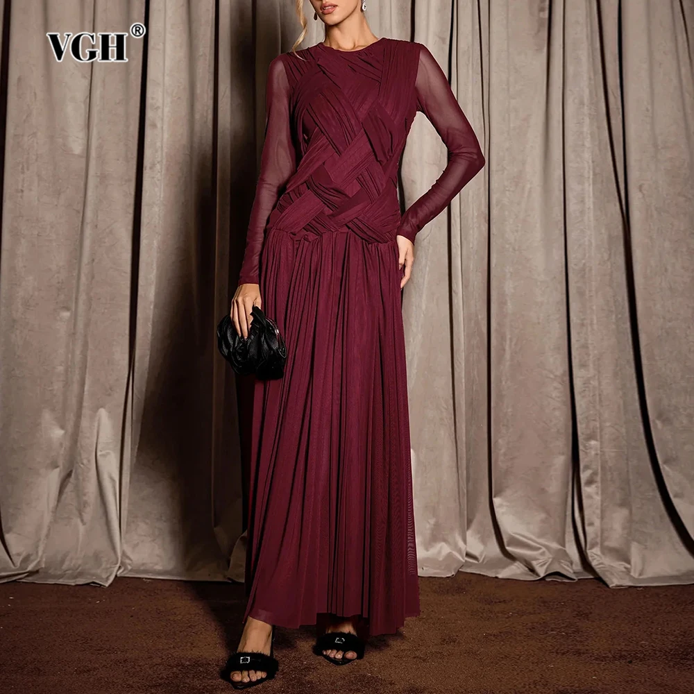 

VGH Solid Design Sense Slimming Dresses For Women Round Neck Long Sleeve High Waist Summer Casual Folds Party Dress Female New