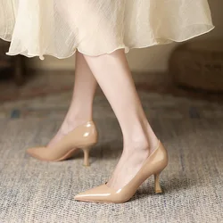 Pointed Toe Woman High Heels Sexy 7CM Thin Heels Dress Shoes Black Nude Matter Leather Stiletto Heels Zapatos De Mujer
