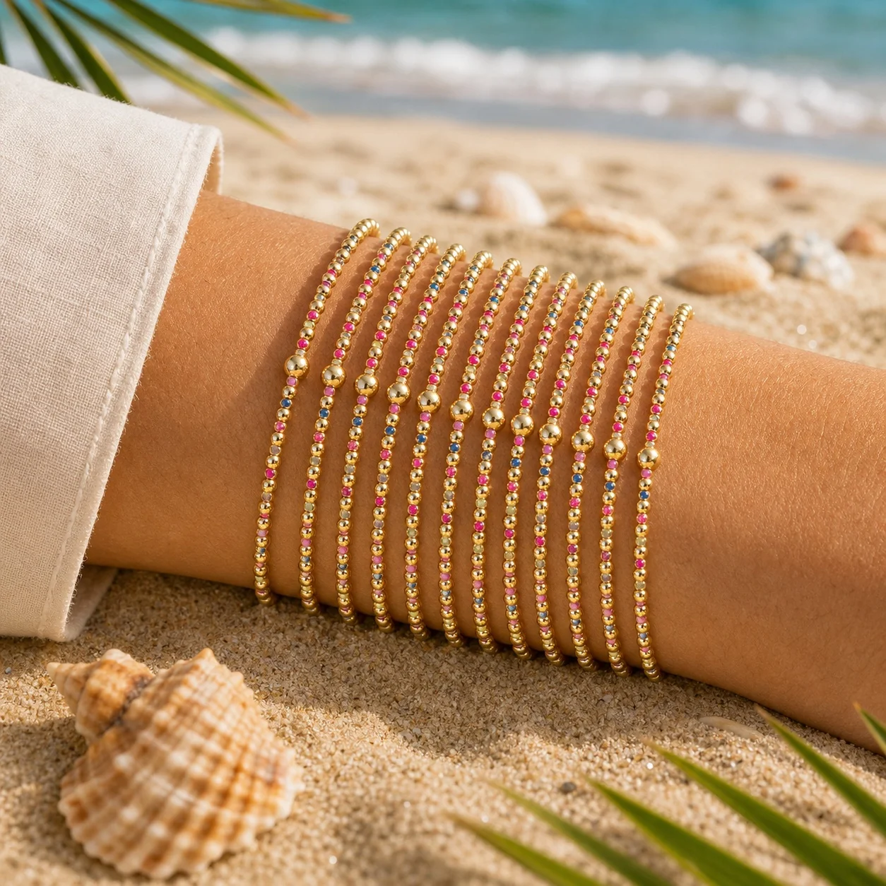 12pcs Plastic Round Beaded Stackable Bracelet Colorful Gold Tone Cute Layered Style for Girls and Women Beach Style