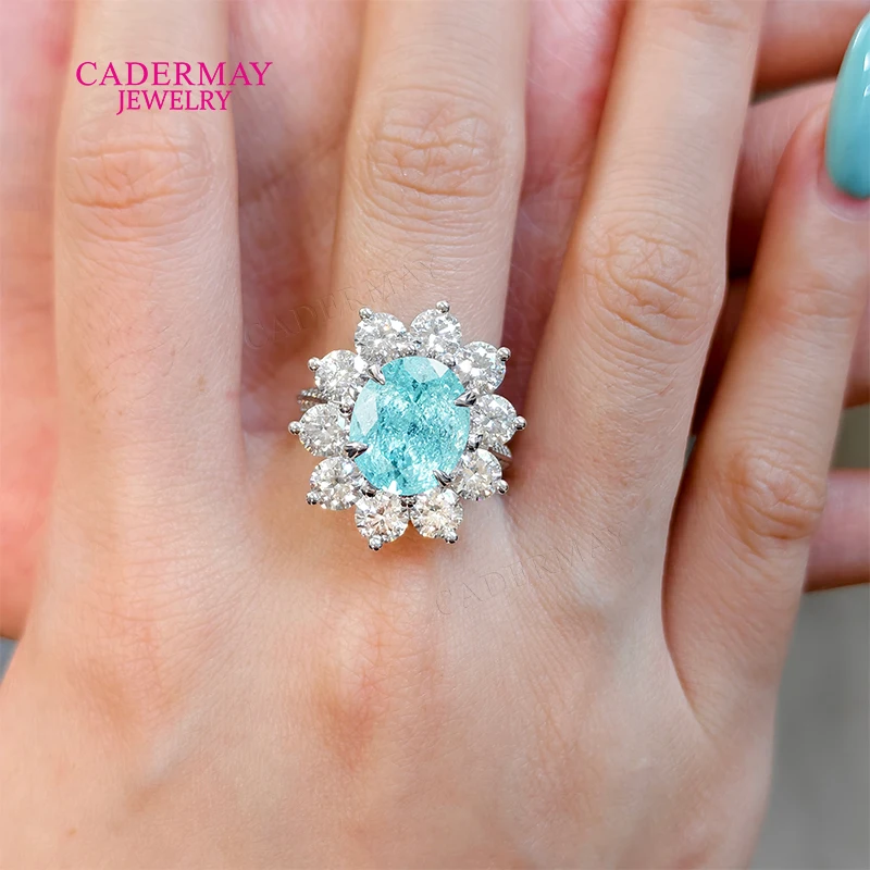 

Cadermay Jewelry 925 Silver 10x12mm Oval Shape Neon Blue Paraiba YAG Halo Moissanite Wedding Engagement Ring Pave For Women Gift