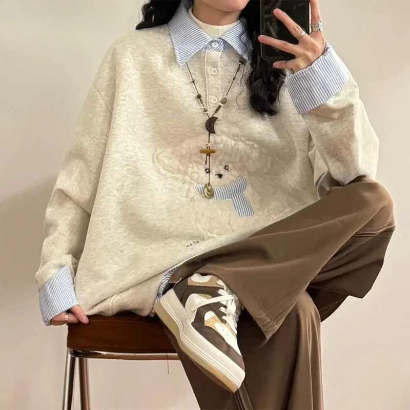 American Vintage Preppy Style Embroidery Splicing POLO Collar Fake Two Pieces Korean Sweatshirt Hoodie Loose Couple Coat Kawaii