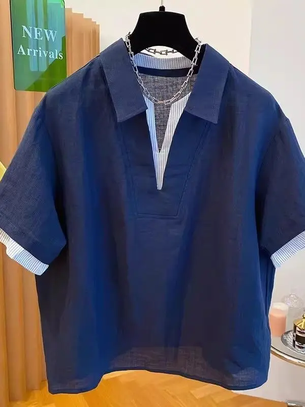 

plus Size 300 Pounds Women's Summer Shirt Short Sleeve Striped Patchwork Casual Breathable Fashionable Fake Two-Piece Shirt