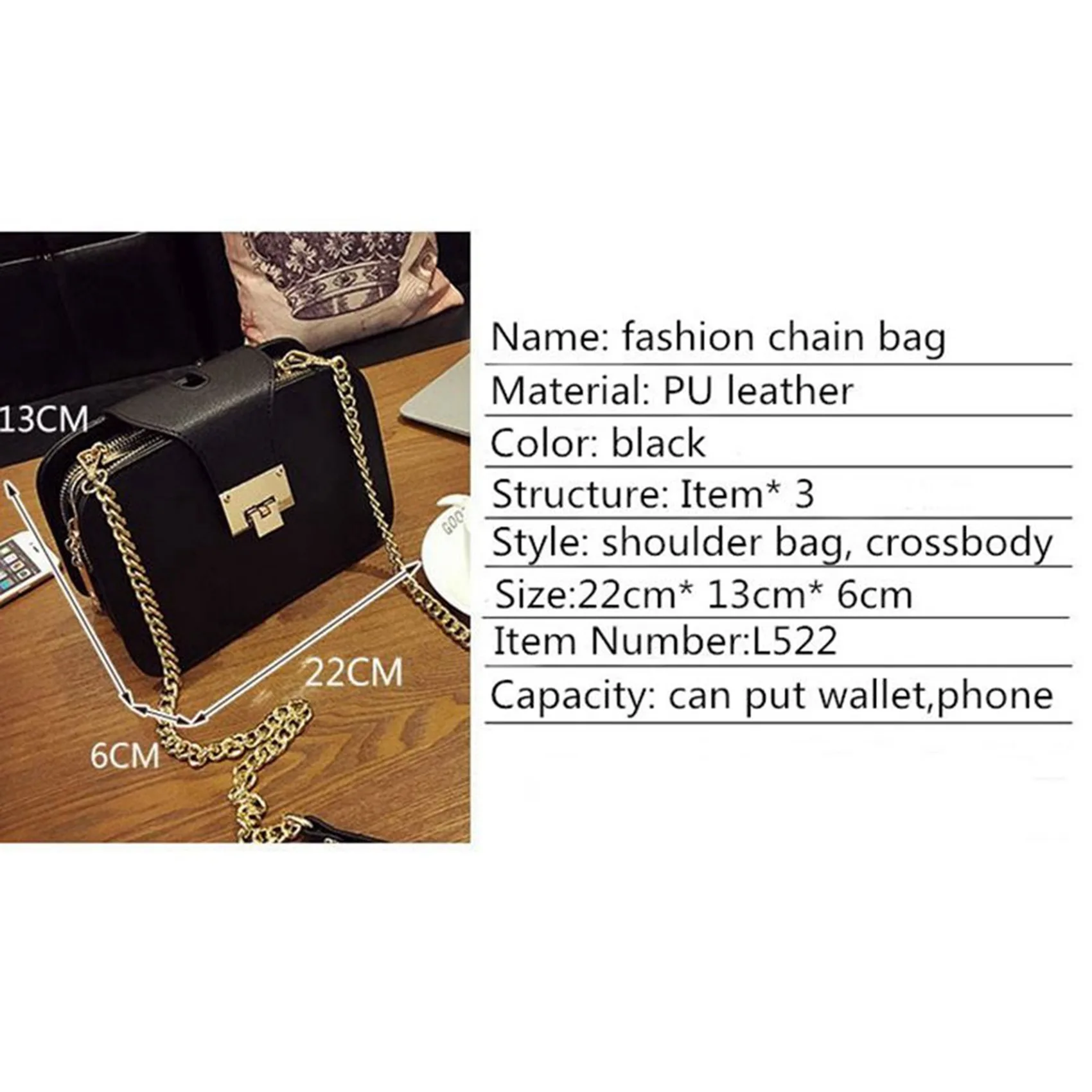 2X Women Shoulder Bag Chain Strap Flap Designer Handbags Clutch Bag Ladies Messenger Bags with Metal Buckle