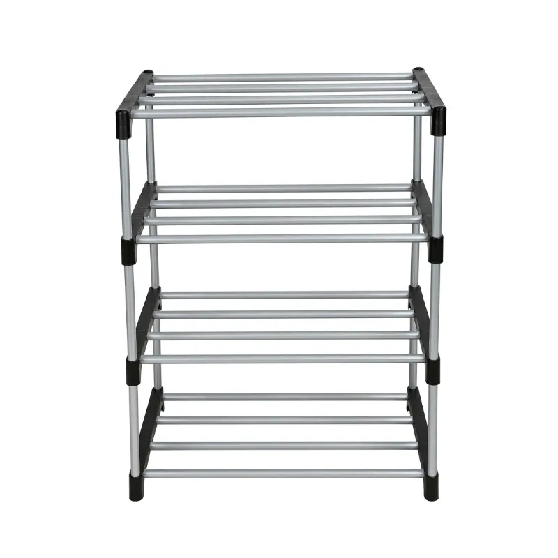 4 Tier Shoe Rack, Black and Silver, 8 Pairs of Shoes, Metal Tubes & Plastic Connectors