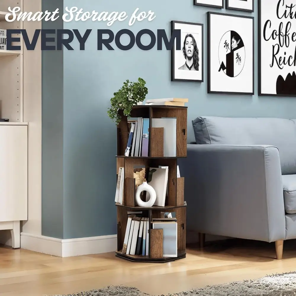 3 Tier Rotating Bookshelf Tower with Lazy Susan – Spinning Bookshelf Tower, Revolving Bookcase, Turning Book Shelf, Rotating Boo