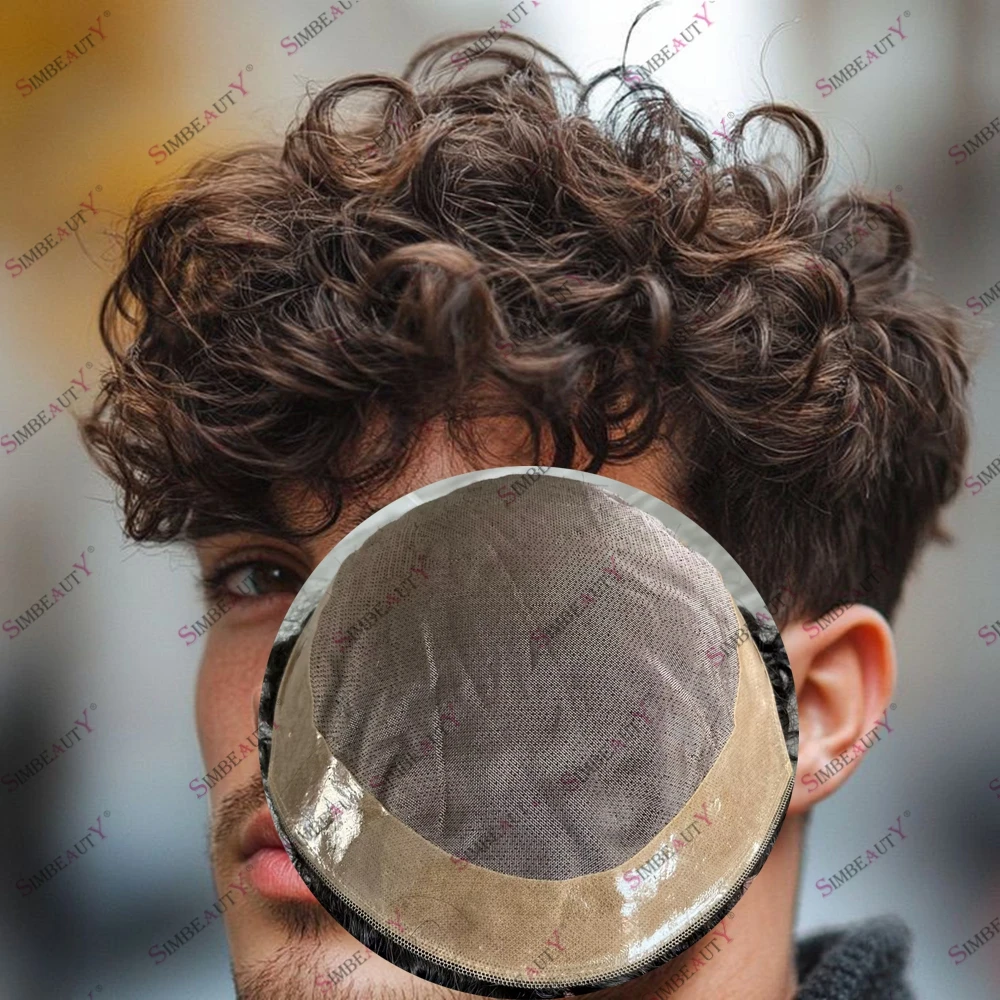 

Breathable Human Hair Mono PU Base 26mm Natural Loose Curly Hair Male Toupee System Natural Hairline Cheap Hair Replacement Wig