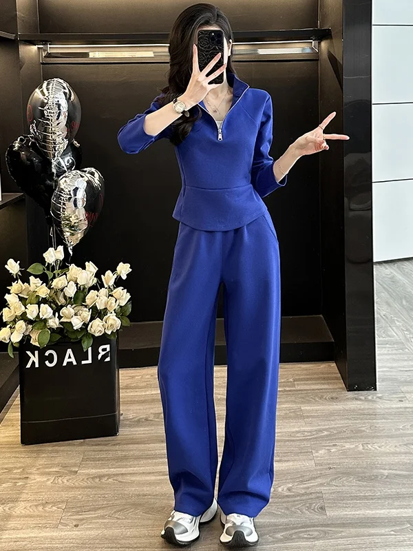 

Fashionable Casual Outfit Women's Spring New Blue Long Sleeve Sweatshirt High Waist Wide Leg Pants Slimming Two Piece Set