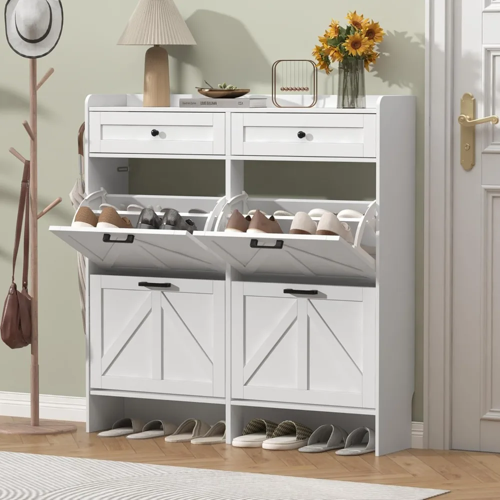 خزانة أحذية على طراز المزرعة الريفية مع 4 أدراج قابلة للطي ودرجين تخزين، ورف منظم أحذية ضيق ونحيف للمنزل #3