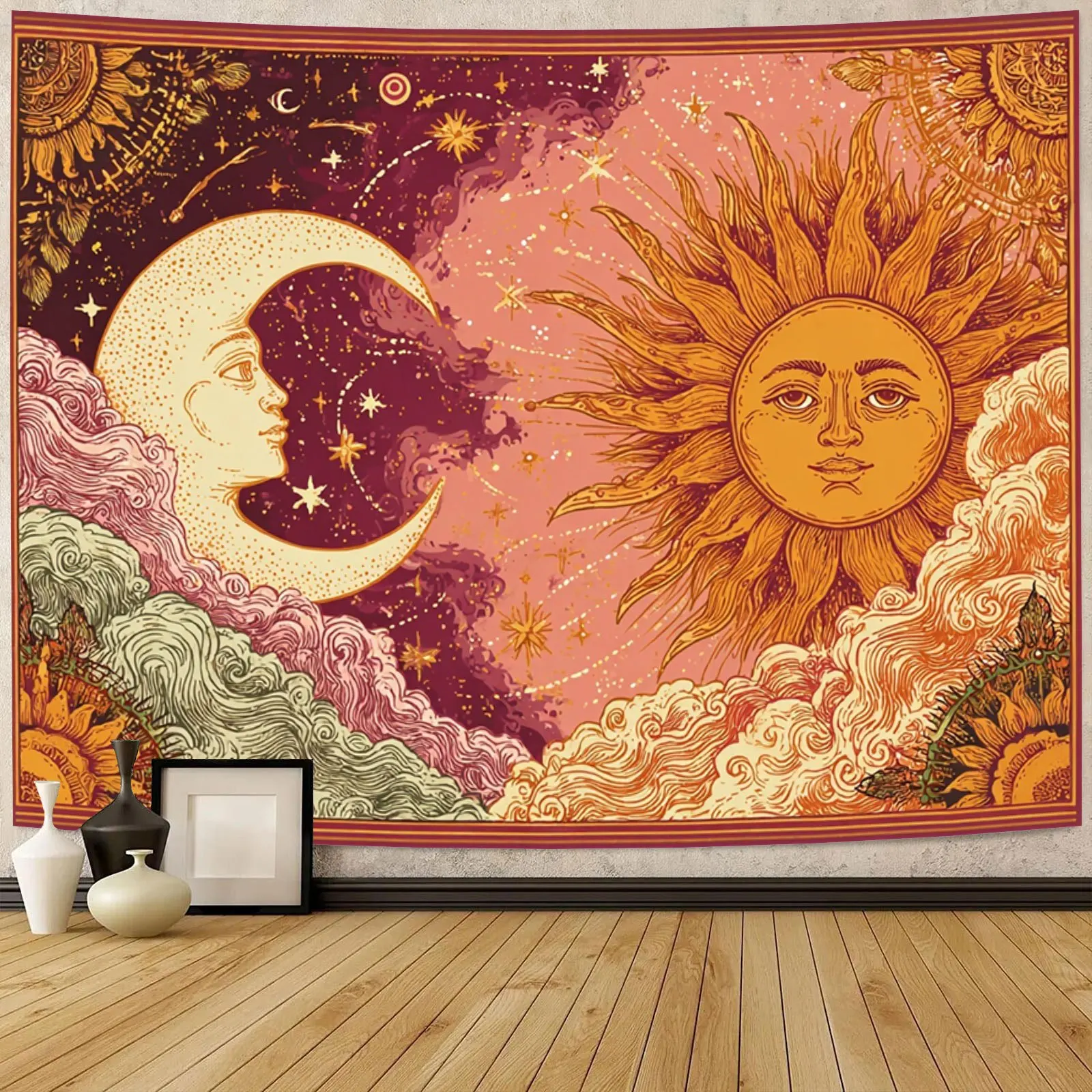 Boho Celestial Tapestry Sun Moon Astrology Cosmic Wall Hanging Decor Space Galaxy Stars Artwork for Bedroom Living Room Home Orn