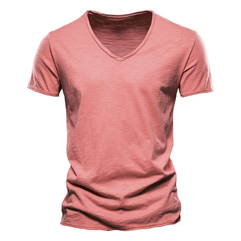 Solid Men\'s T-shirt Summer Cotton V-neck Short Sleeve Tops Tees Slim Fit Sweatshirt Tees Casual Male Quality Breathable Pullover