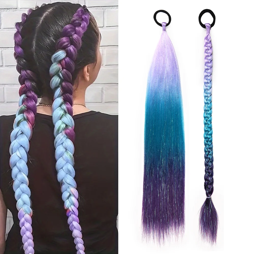 Extensiones de cabello de cola de caballo Jumbo con cabello de oropel, peluca sintética de 26 pulgadas, cabello brillante Y2K, cola de caballo DIY con trenzas de oropel