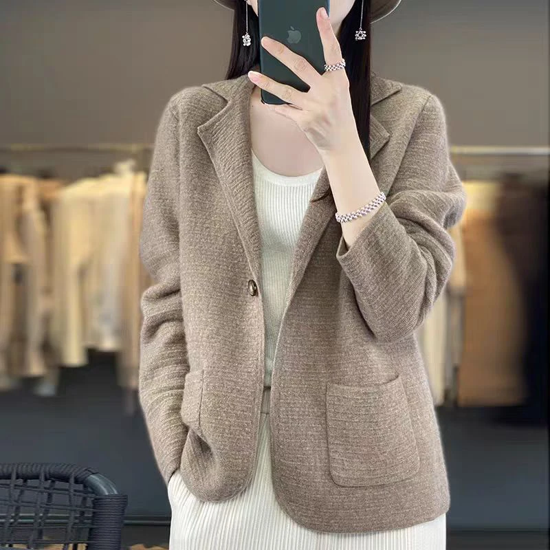 الخريف الشتاء المرأة كاميرا الصوفية سترة مشغولة من الصوف معطف عادية Sle العادية Sve ألياف البوليستر لون نقي زر واحد