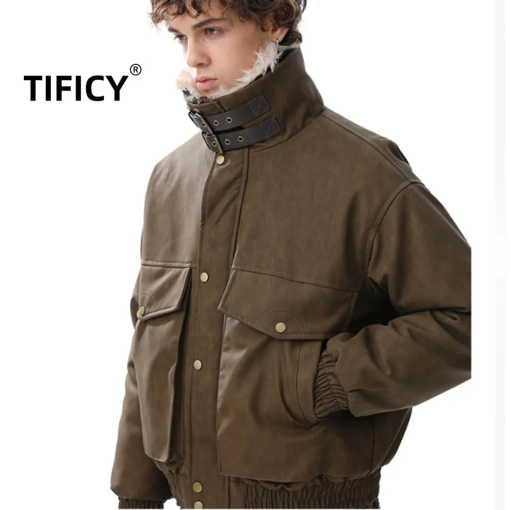 High Street Hip Hop Multi Pocket Plush Collar Cotton Jacket Men's Trendy Brand Loose Clip Padded Cotton Thick Warm Coat