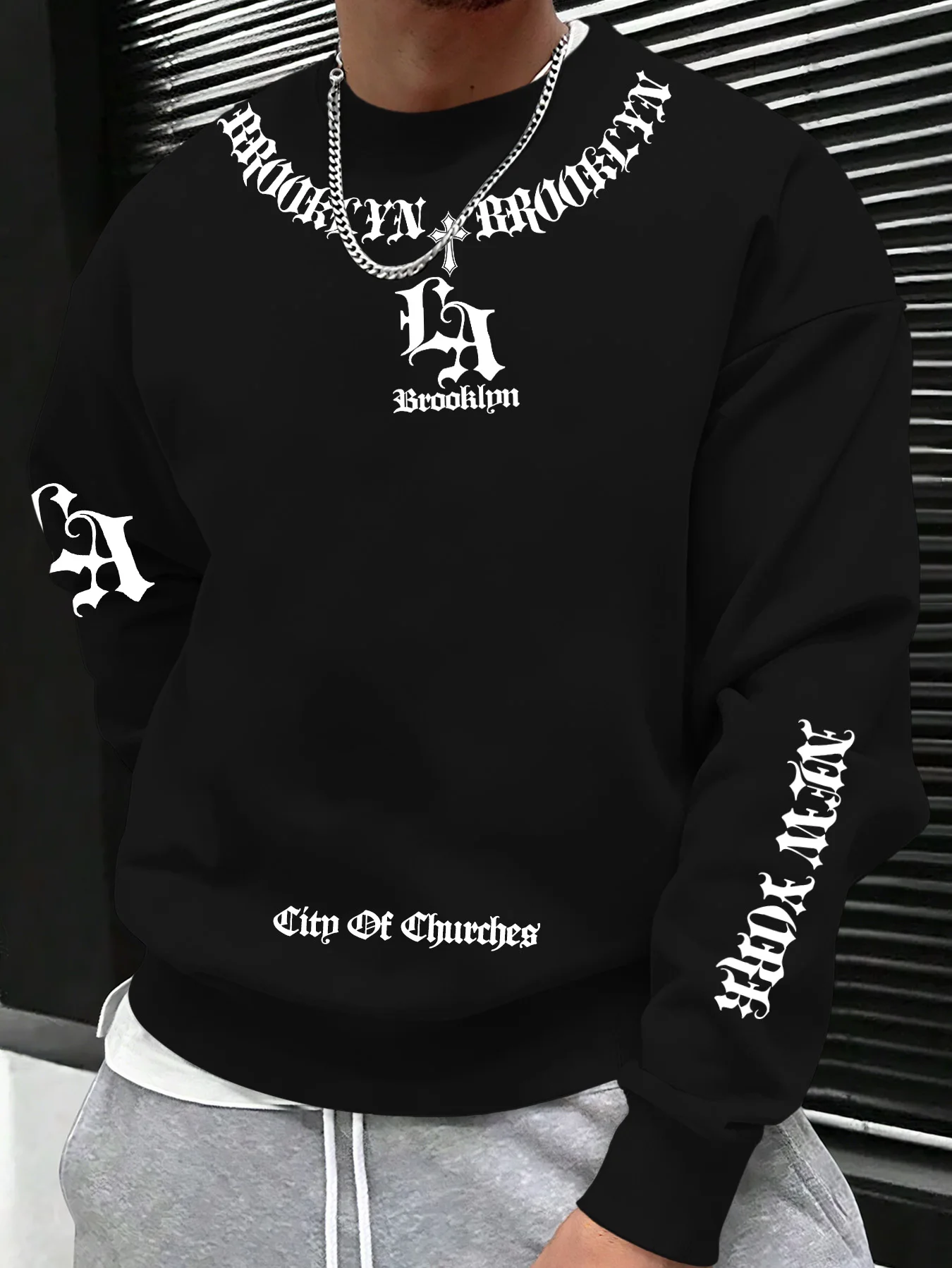 Übergroßer Herren-Sweatshirt mit überschnittenen Schultern, Brooklyn Gothic Slogan Textdruck, Street Pullover – Detail 2