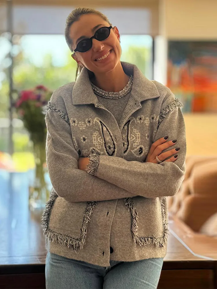 

2025 Spring Knit Jacquard Tassel Cardigan for Women Lapel Single Breast Full Sleeve Female Sweater Vintage Lady Thick Knitwear