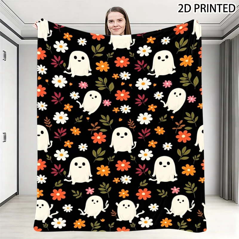 Cute Whimsical Ghost And Floral Print Halloween Blanket, Soft Cozy Fall Decor Throw Blanket in Multiple Specifications, Perfect