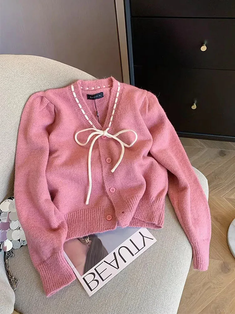 High Quality Korean 90s Women V-Neck Pink Cardigans Autumn Winter Cozy Lace Up Sweater Sweet Knitted Outerwear Mori Girl Style