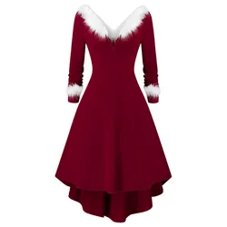 Womens Christmas Faux Plush Panel Long Sleeve V Summer Dresses for Women with Shorts Summer Dresses Women Midi Dresses for Women