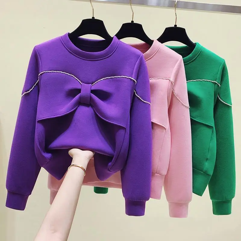 

2024 Autumn and Winter New Round Neck with Diamonds Fashion Bow Loose Cotton Sweater Sweatshirts Women Clothing Tops