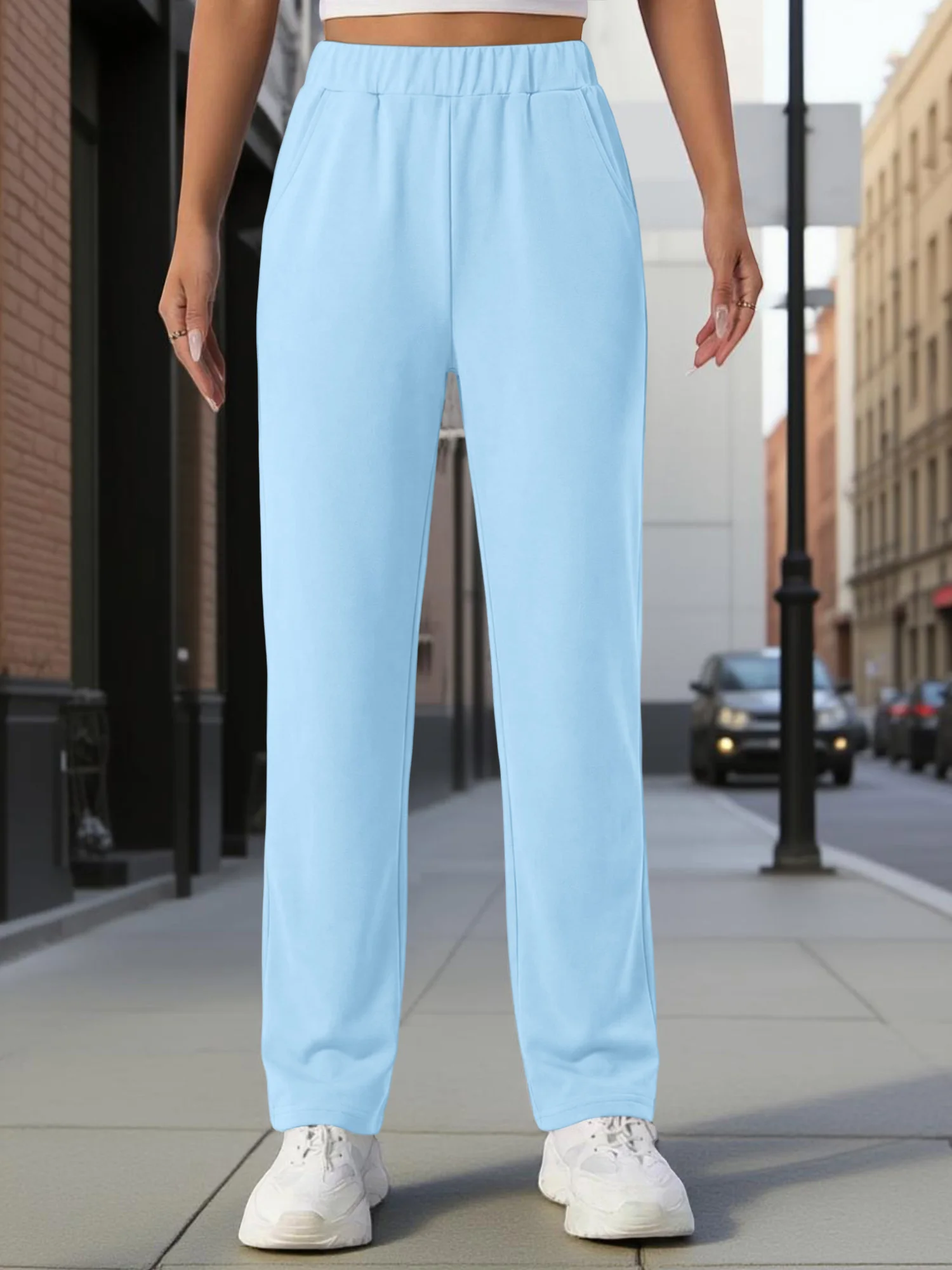 

Женские повседневные брюки прямого кроя с высокой талией и эластичным поясом, из мягкой и приятной к телу струящейся ткани, универсальные для поездок на работу.