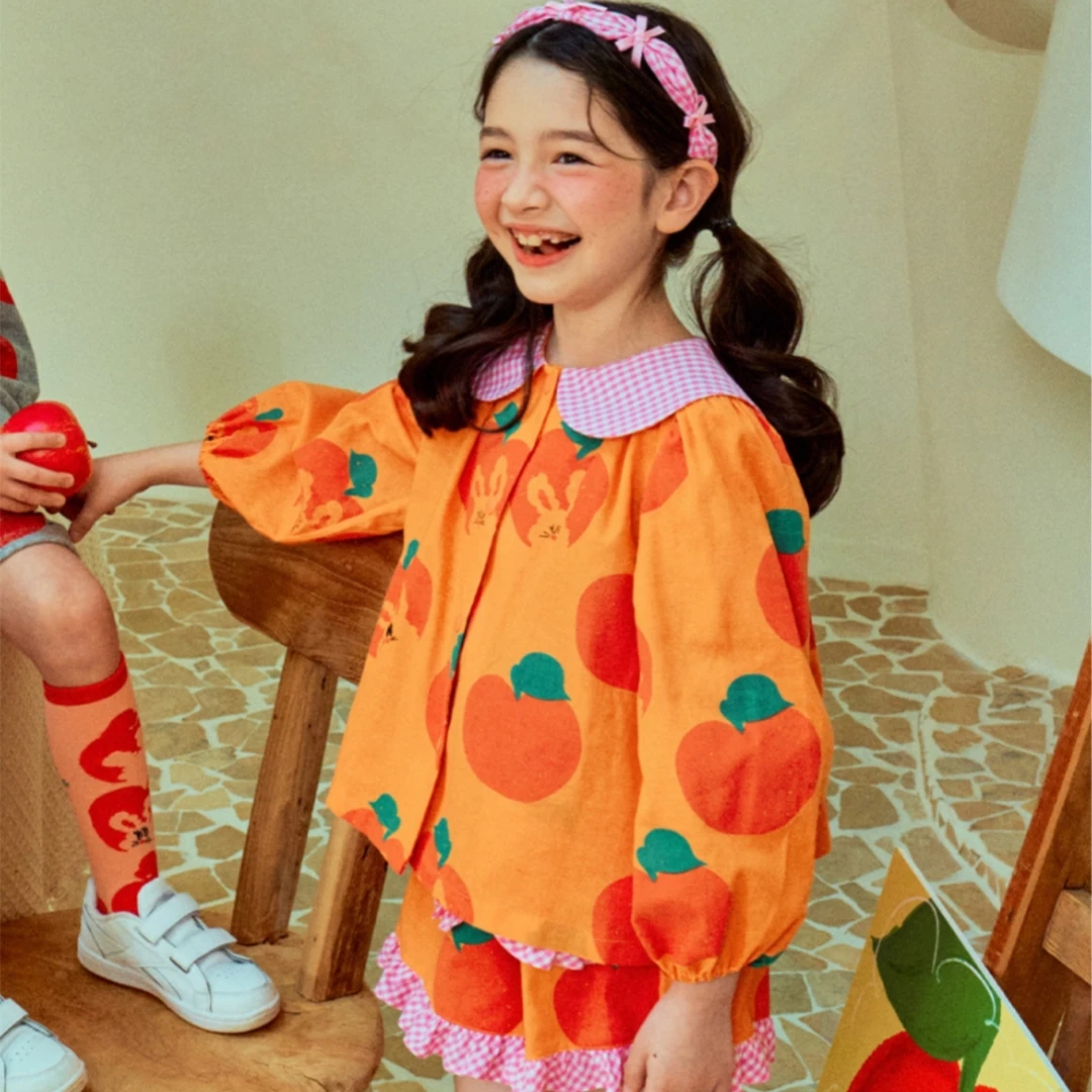 Korean Little Girls Carnival Dress Cute Apple Print2025 New Spring Summer Outfit with Shirts And Shorts Set for Children Presale