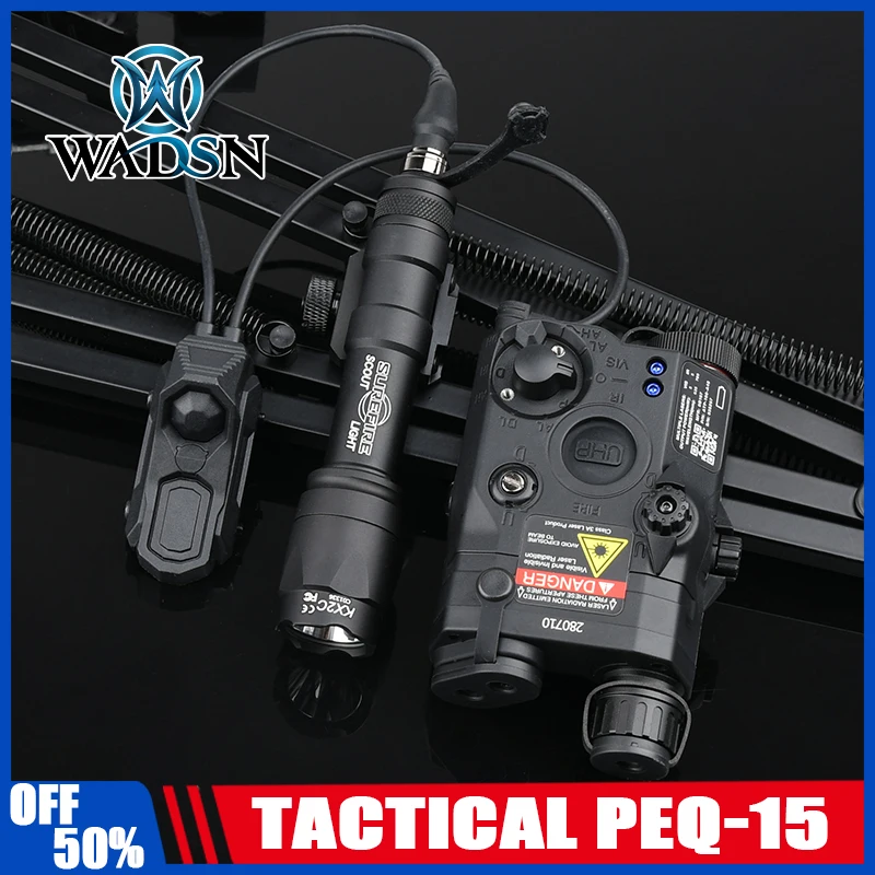 

Тактический фонарь WADSN PEQ-15 с красным/зеленым/синим лазером, инфракрасным подсветкой и дистанционным управлением AXON, совместимый с Surefi M300A/M600C.