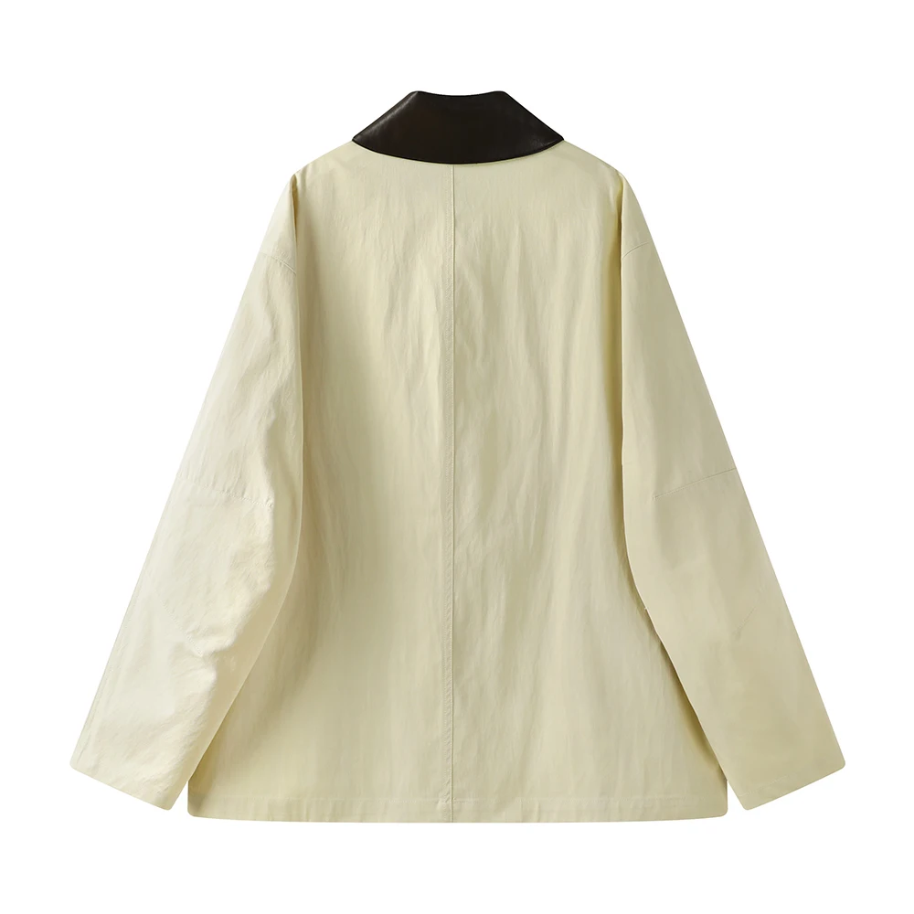 

Spring Xinmon2025 Women's Loose Casual Design Sense Splicing Leather Collar Windbreaker Korean Sle Faionable Outerwear