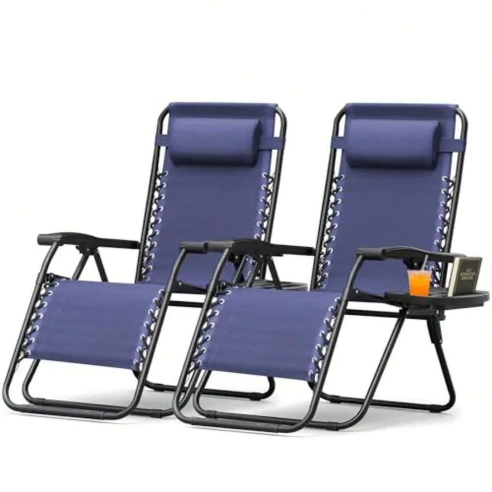 Zero Gravity Chair Set of 2 Outdoor Patio Folding Lounge Recliners with Cup Holders and Pillows for Lawn Poolside Backyard Beach Camping, Blue