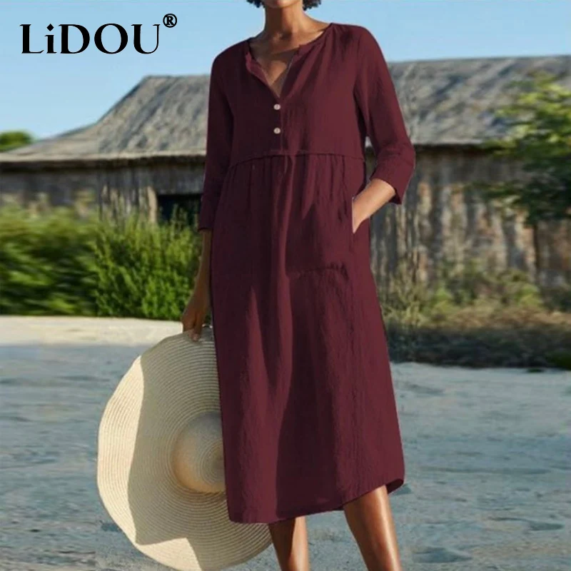 

2023 Summer New Solid Color V-neck Half Sleeve Button Midi Dress Women Casual Loose Pocket Cotton Hemp All-match Elegant Dresses