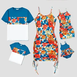 PatPat Family Matching Floral Panel T-Shirt and Ruched Drawstring Side Bodycon Strap Dress Sets