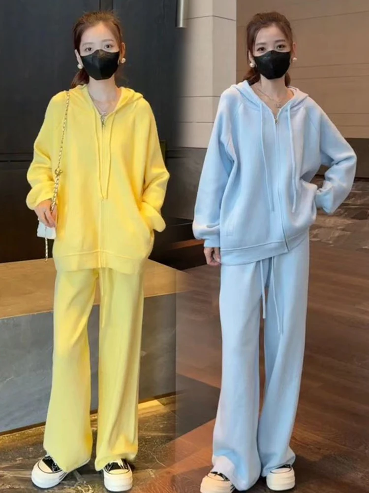 

Autumn New Loose Lazy Hooded Open Cardigan Sweatirt Wide Leg Pants Two Piece Set Women Luxury Anti Aging Design Sense Suit