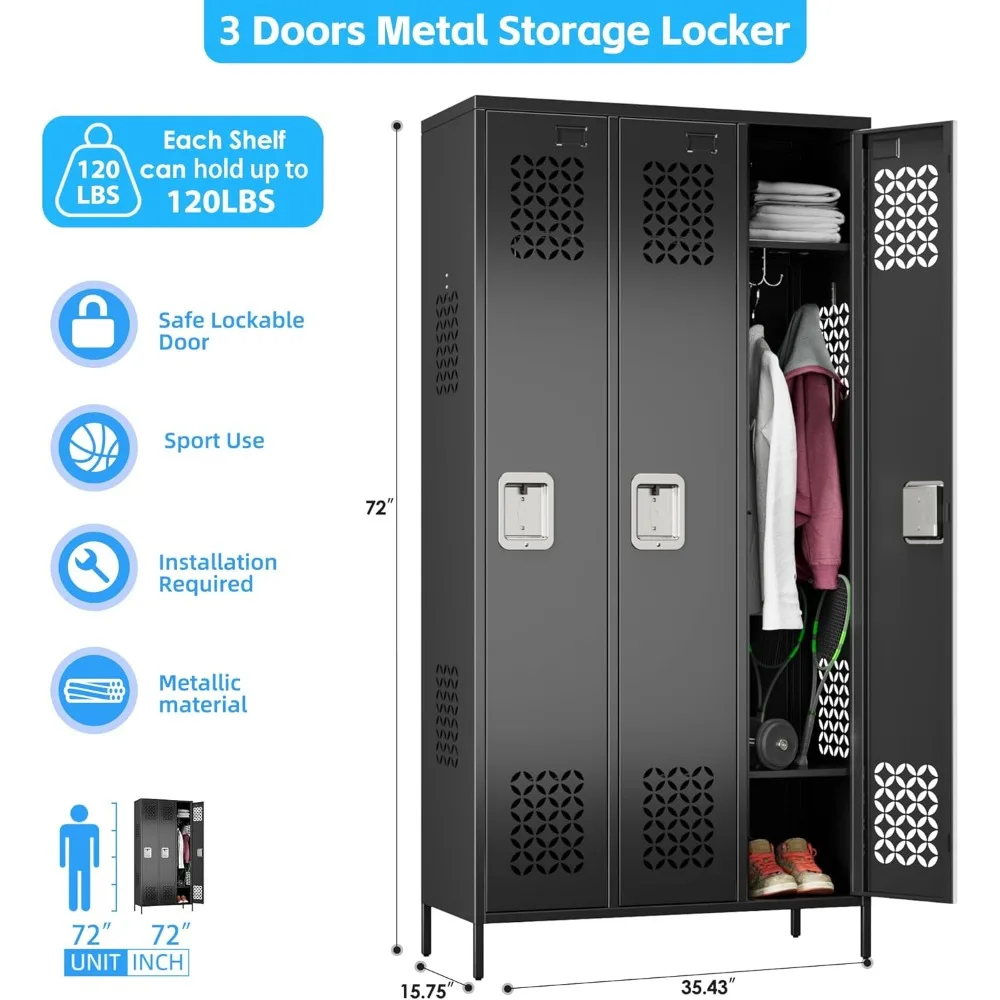 Tingkatkan Loker Logam untuk Kamar Tidur Gym Kantor Sekolah, Lemari Loker Penyimpanan Baja 3 Pintu untuk Karyawan, Loker Penyimpanan Industri