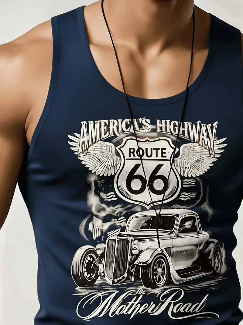Retro America Route 66 3D Print Men's vest Vintage Loose Men Clothing Summer Round Neck sleeveless Casual Unisex men's tank top