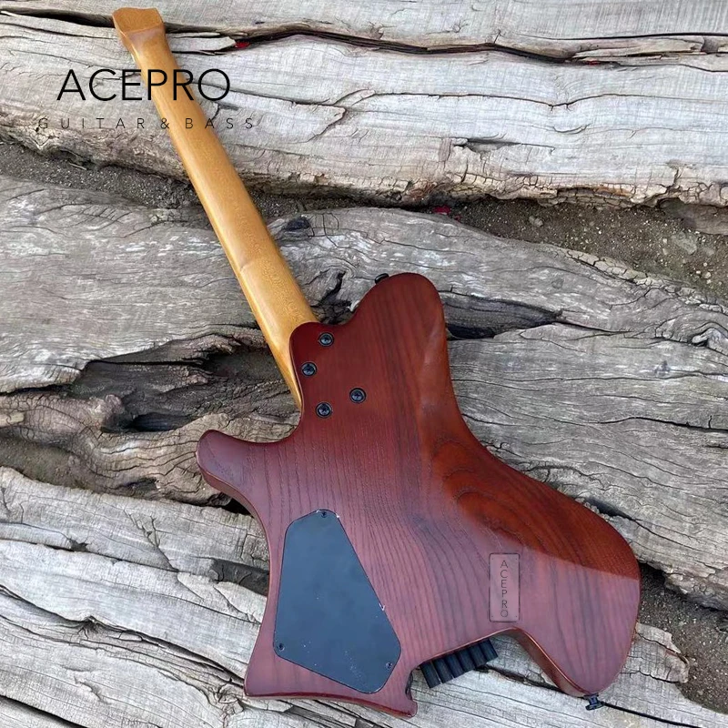 Acepro-Headless Electric Guitar, Single + Humbucker Pickups, Vintage Sunburst Ash Body, Stainless Steel Frets,Roasted Maple Neck