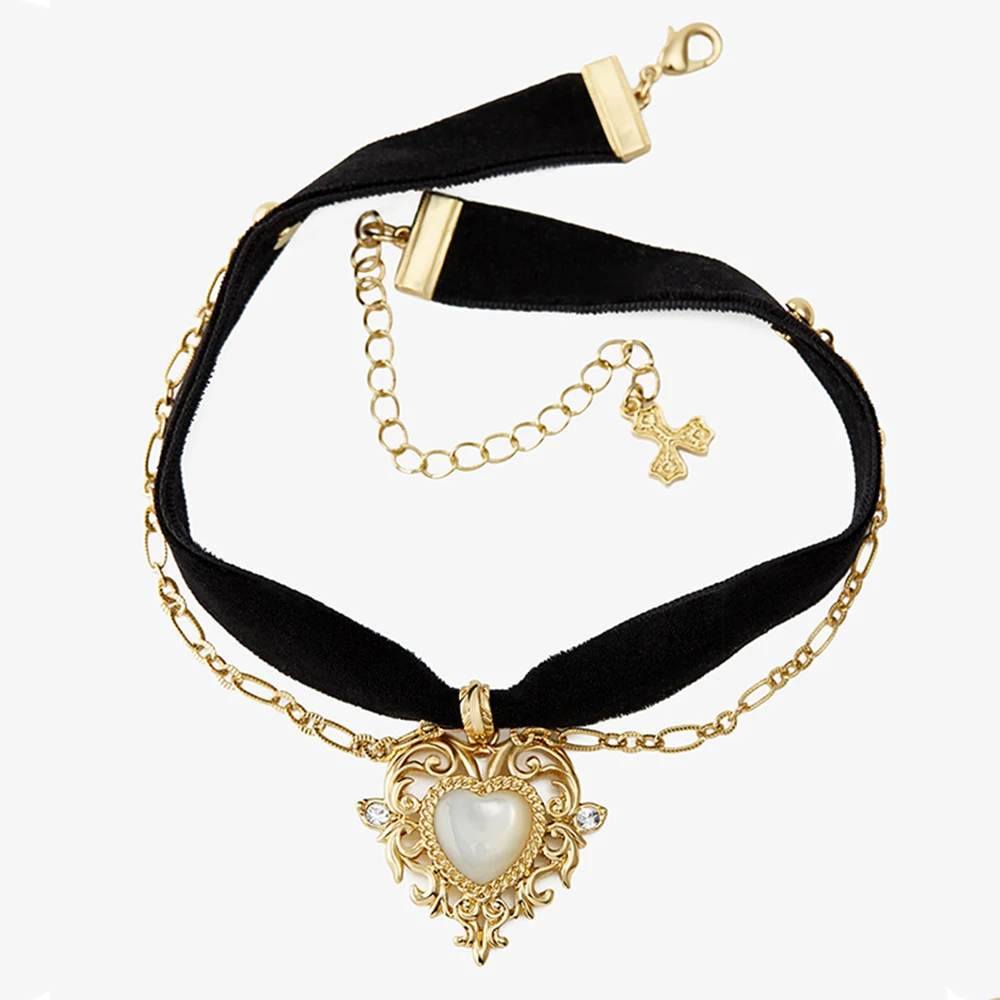 Vintage Velvet Black Choker Love Heart Pendant Imitation Pearls Short Chain Necklace For Women Girls Gifts Party image 6