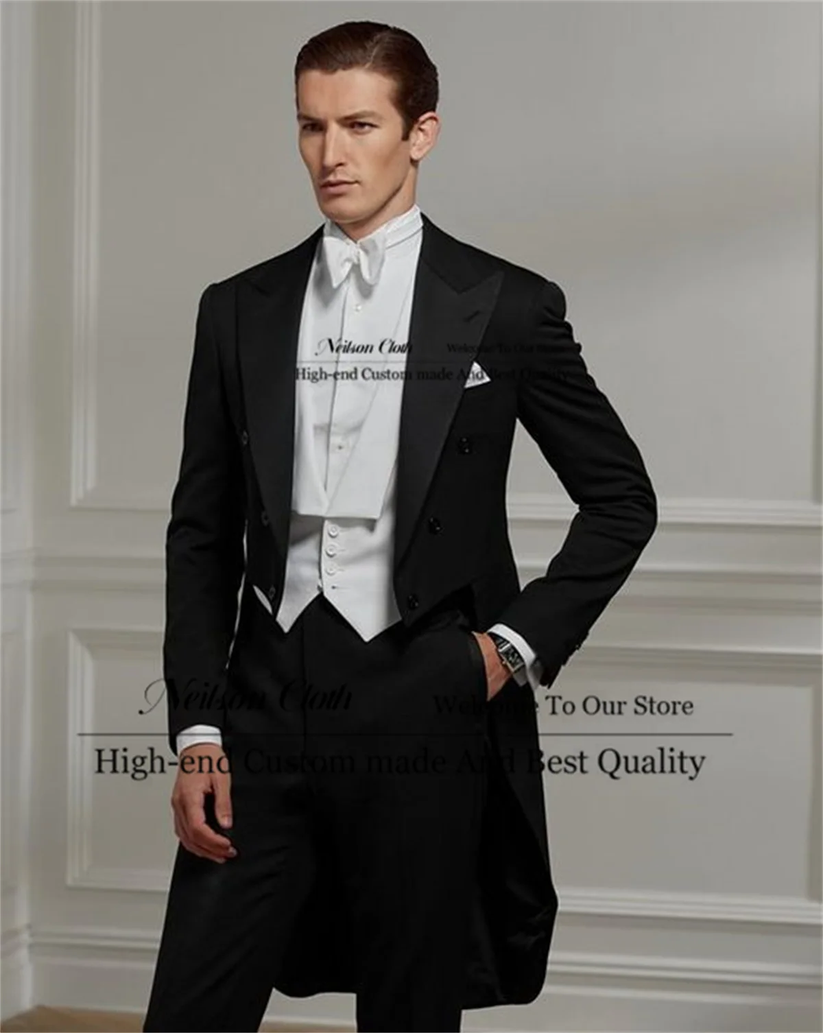 

Formal Black Male Prom Blazers 3 Pieces Sets Long Coat Groom Wedding Tuxedos Slim Fit Peaked Lapel Groomsmen Costume Homme