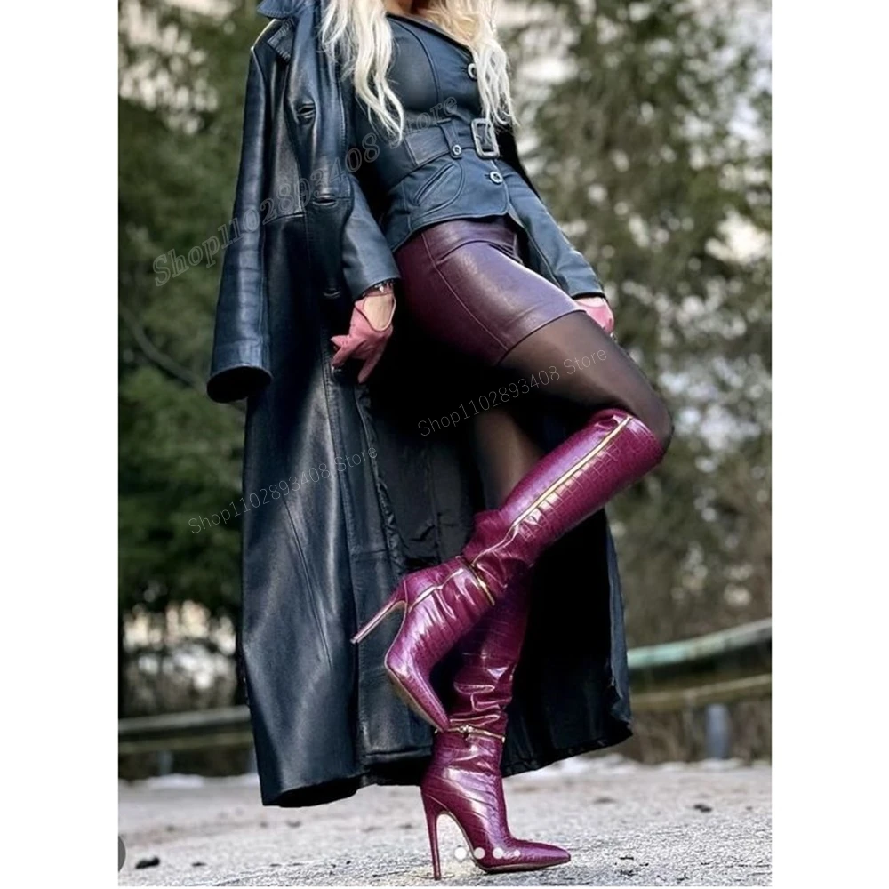 

Solid Zipper Decor Knee High Boots Leather Pointed Toe Stiletto High Heel Fashion Sexy Women Shoes 2024 Zapatos Para Mujere