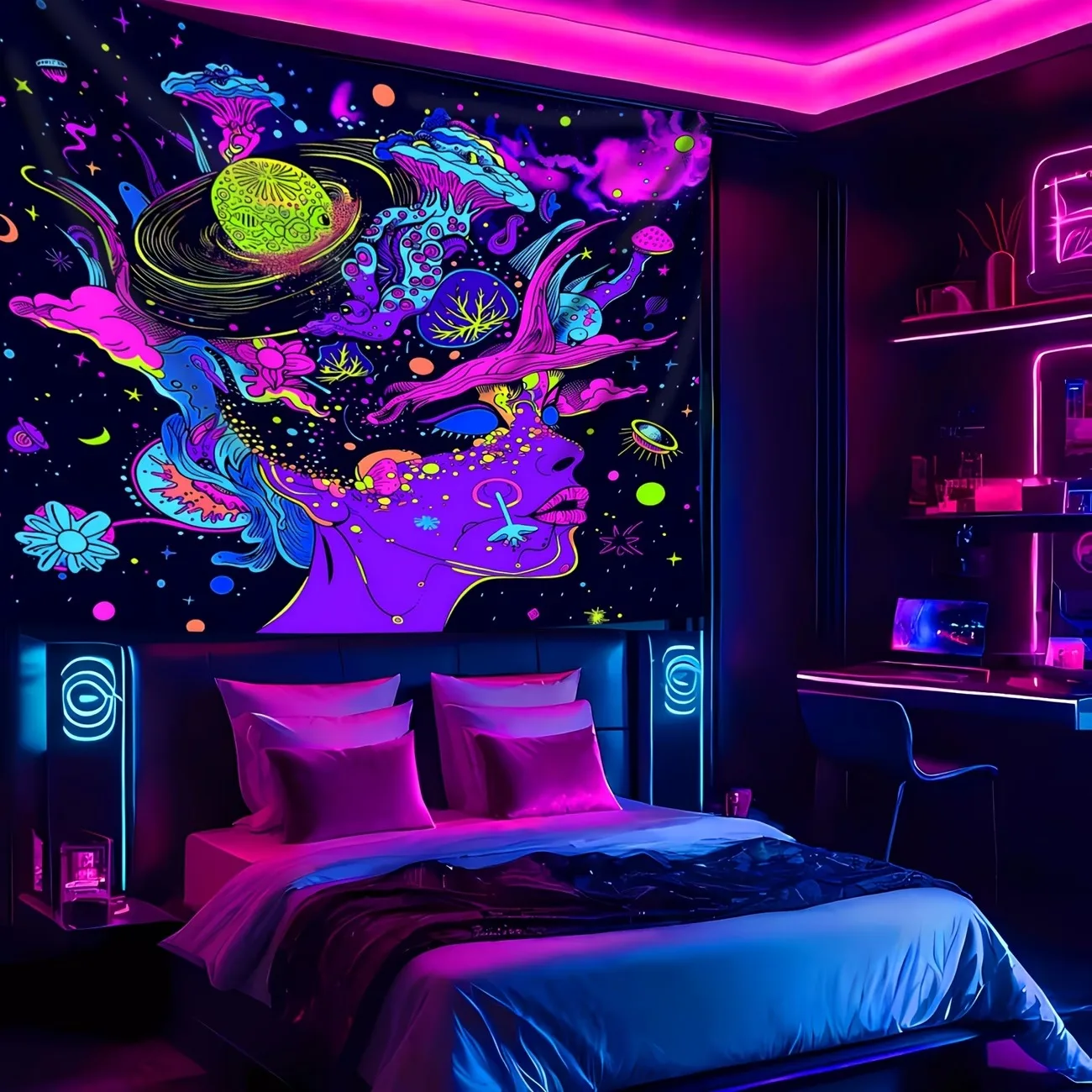 VIKAMA Psychedelic Neon Woman Tapestry Fluorescent Glow Wall Art Boho Chic Room Decor Aesthetic Bedroom Background