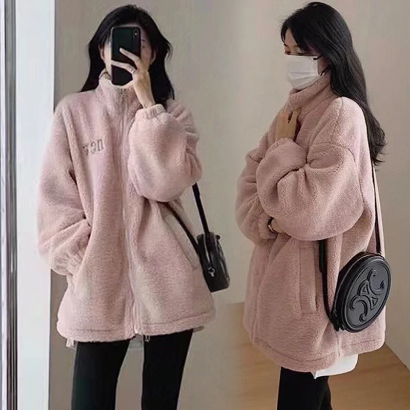 

2024 Winter Maternity Pink Coats Long Sleeve Turtleneck Zipper Fly Thick Warm Pregnant Woman Berber Fleece Jacket Pregnancy Coat