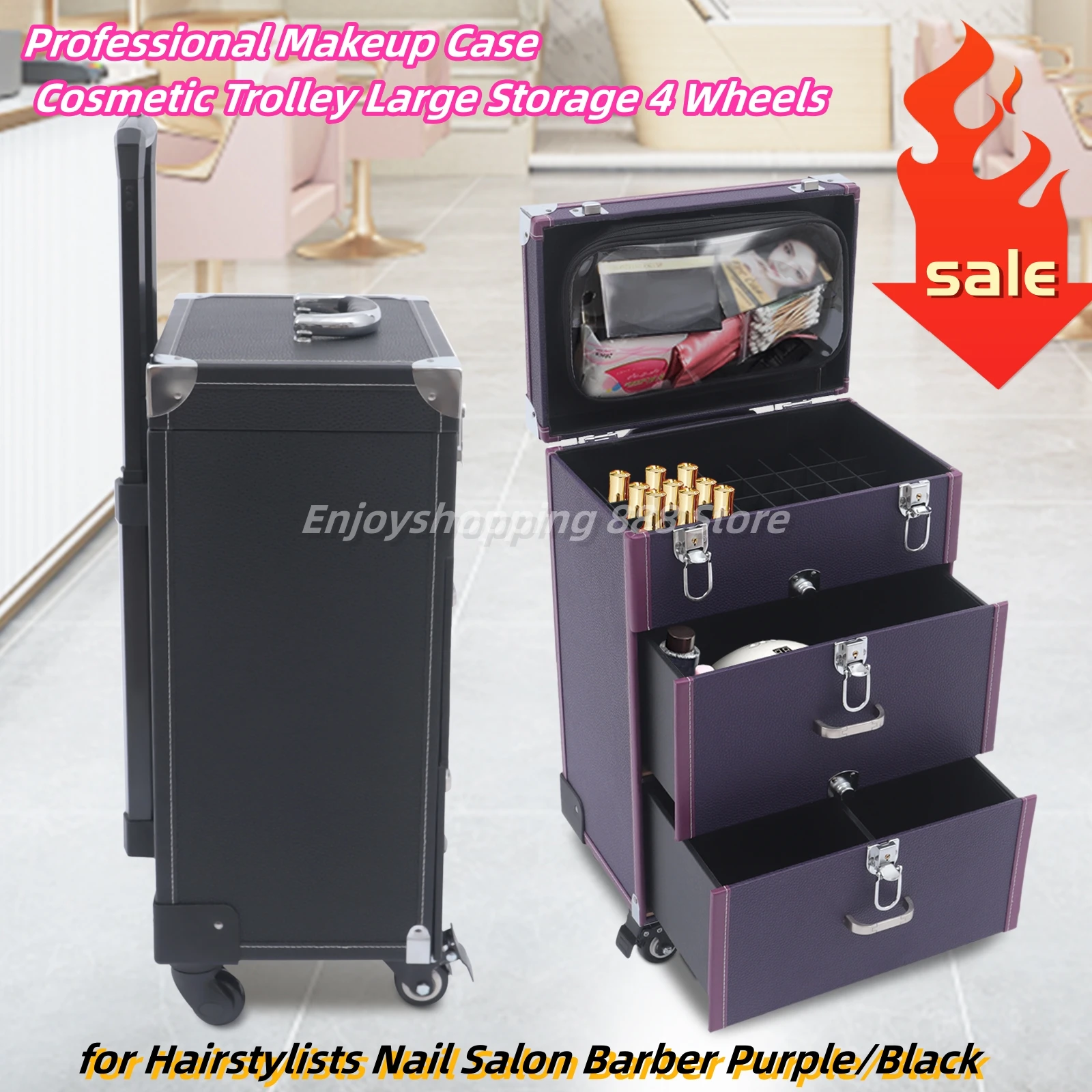 

Professional Makeup Case Cosmetic Trolley Large Storage 4 Wheels for Hairstylists Nail Salon Barber Purple/Black