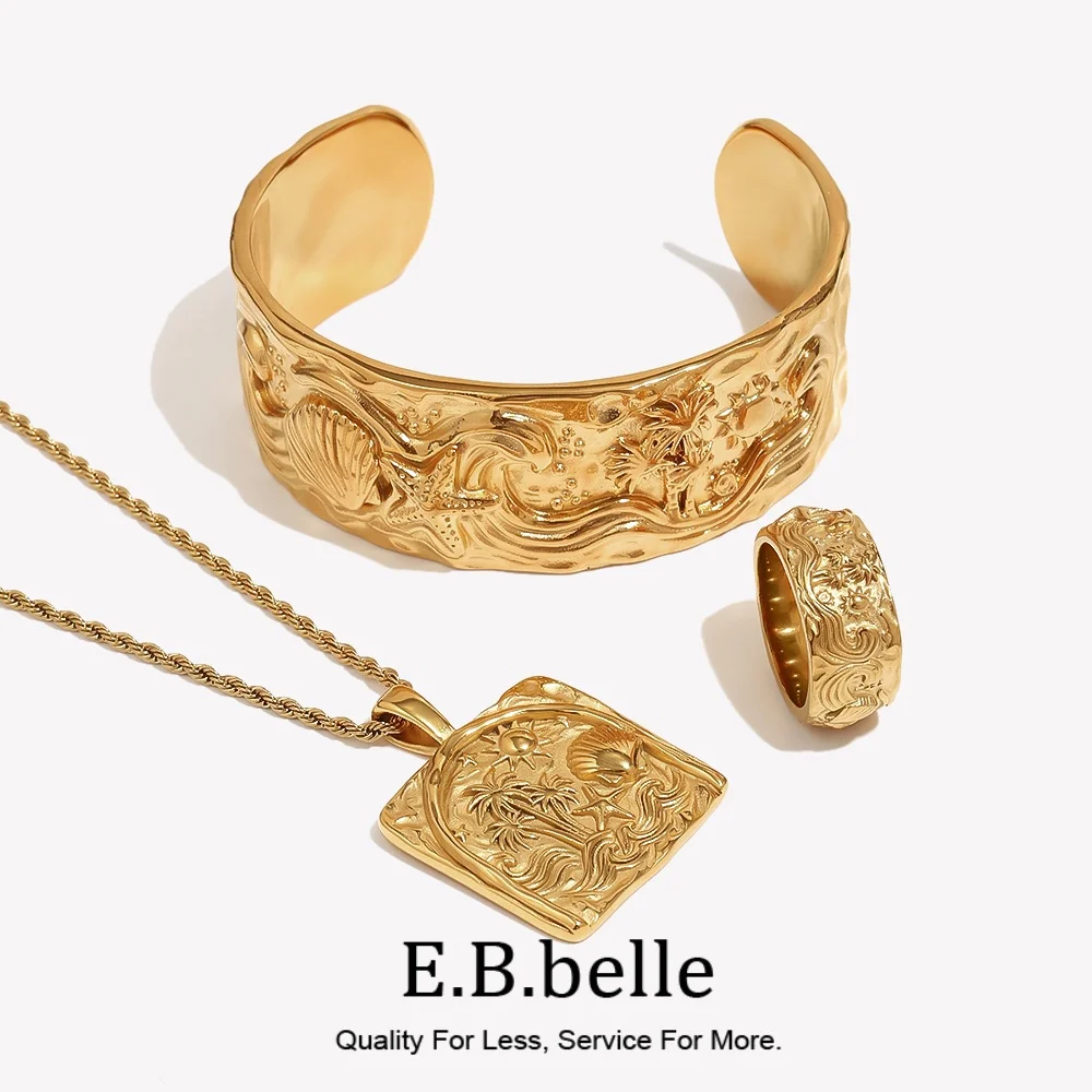 E.B.belle Embossed Square Twist Tropical Island Jewelry Set 18K Gold Plated Necklace Open Cuff Bangle Ocean Beach Accessories