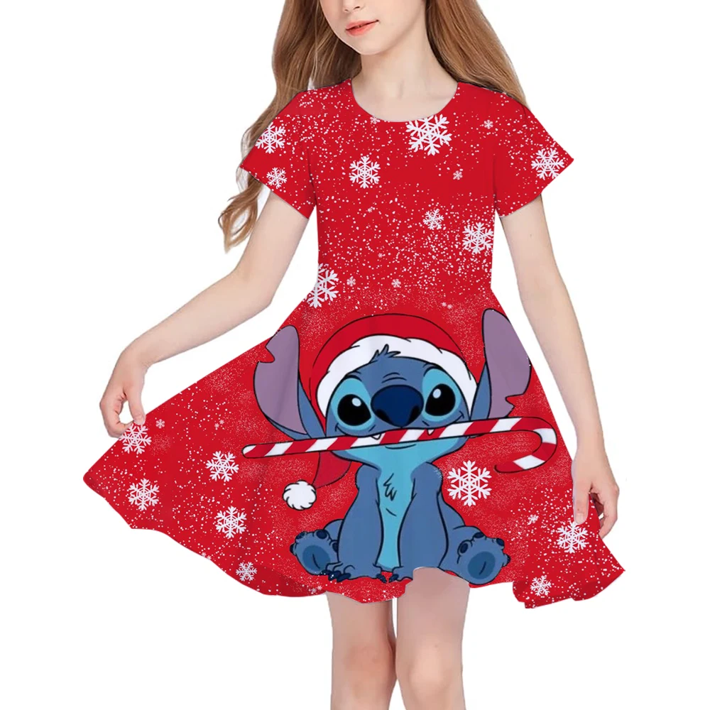 Summer New Children's Clothing 3d Printed Romantic Stitch Cute Girl Short-Sleeved Dress 3-14 Years Old Kids Performance Clothing