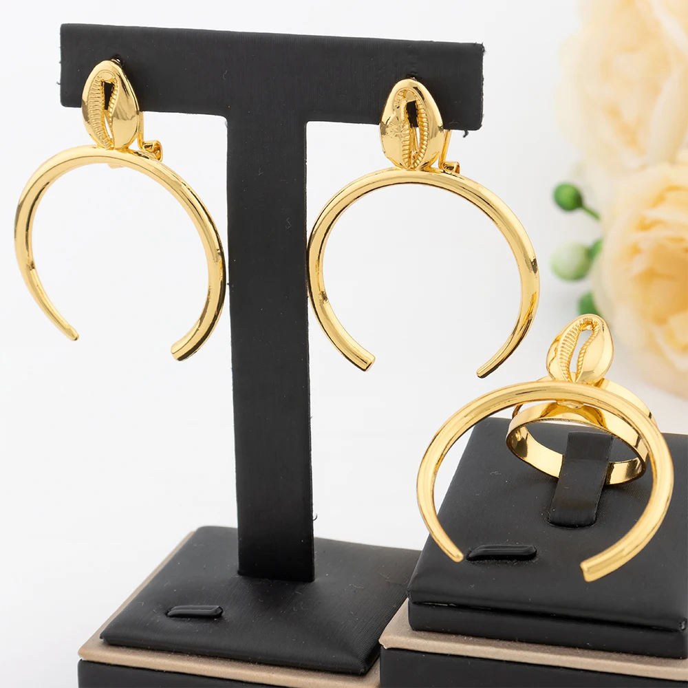 

Dubai Jewelry Set for Women Gold Color Round Clip Earrings African Adjustable Circular Ring Luxury Wedding Jewelry Accessories
