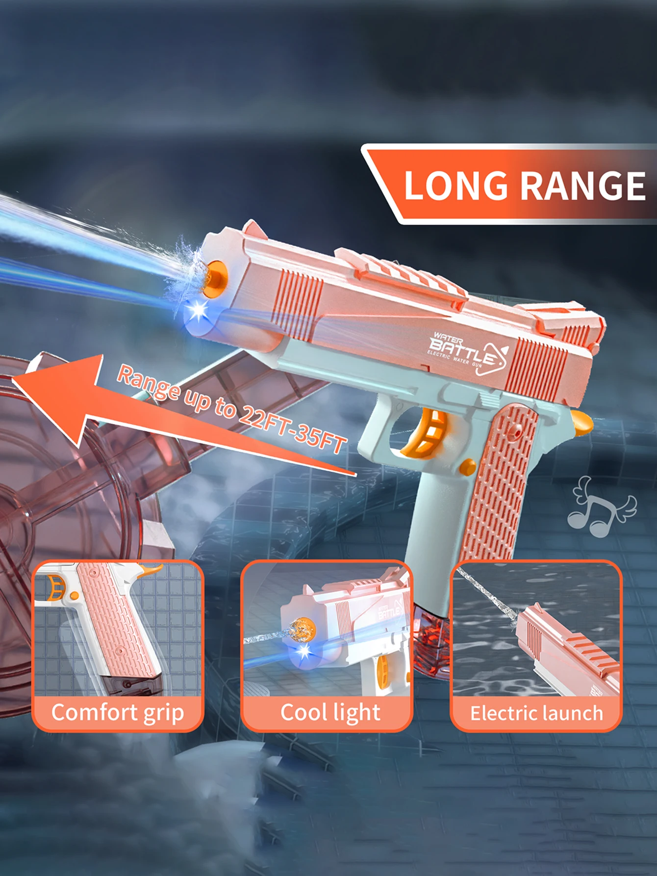 لعبة مسدس مياه كهربائي للأطفال، سعة تخزين مياه كبيرة، مع أضواء ملونة مدمجة ونطاق طويل 10 أمتار #2